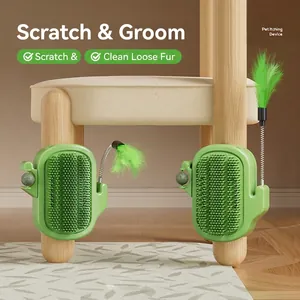Self-grooming cat scratcher with catnip ball and feather wand for furniture legs