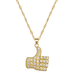 Luxurious gold thumbs-up pendant necklace with pavé diamonds on a flat link chain