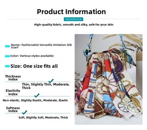 Detailed parameter table and close-up of faux silk scarves with classic carriage prints