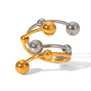 Minimalist stainless steel double layer open ring with gold and silver ball accents