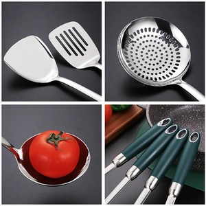304 stainless steel kitchen utensil set with dark green handles including spatula and ladles