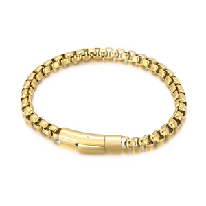 Polished gold square box chain bracelet with minimalist cylindrical clasp for men