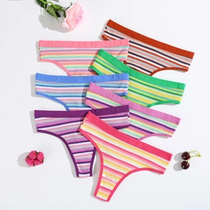 Women Thong Panties Cotton Ribbed Rainbow Striped Breathable Stretchy Low Rise Seamless Underwear For Lady