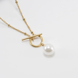 Collier double rang en acier inoxydable doré 18K avec pendentif perle et fermoir OT