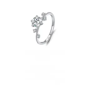 Detailed view of S925 sterling silver ring featuring a six-prong set moissanite stone