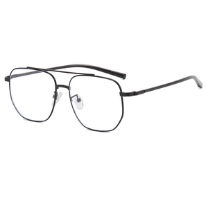 Classic black double-bridge metal frame glasses with clear anti-blue light lenses