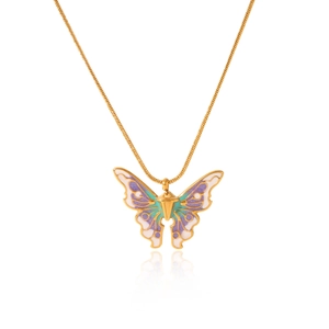 French vintage titanium steel snake chain necklace with purple enamel butterfly pendant