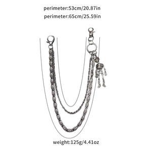 Detailed view of silver double-layered metal pant chain with skull pendant and length specs