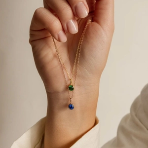 Elegant gold stainless steel necklaces with emerald green and deep blue rhinestone pendants