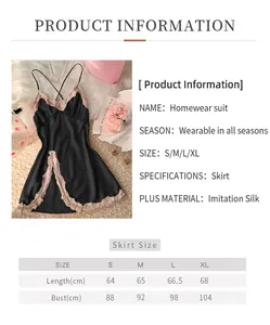 Size chart for lace satin nightdress including length and bust measurements in S to XL