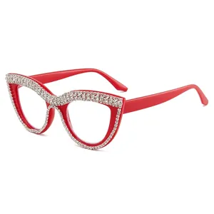 Red cat eye reading glasses with handcrafted rhinestone embellishments and blue light filter