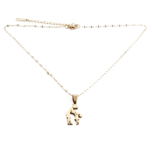 Close-up of gold mother and child silhouette pendant necklace with adjustable O-chain