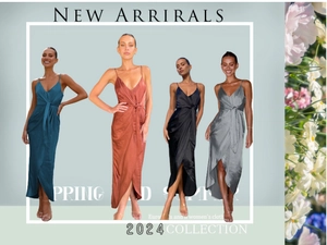 Détails de robes midi portefeuille en satin de soie en quatre couleurs avec col en V et liens