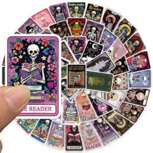 Close-up of tarot style waterproof stickers featuring skeleton readers and diverse patterns