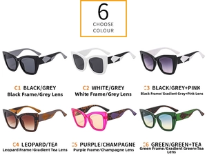 Matrix view of cat eye butterfly sunglasses in six colors with geometric temples