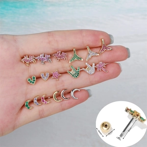 Star and heart colorful zirconia stud earrings set with 8mm long screw ball back posts