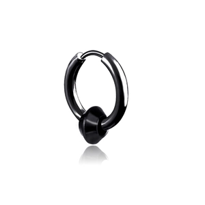 Polished black stainless steel hoop earring with a conical bead in street punk style