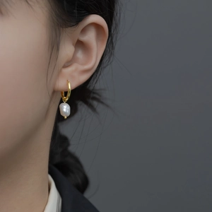 S925 sterling silver gold hoop earrings featuring elegant white baroque pearl pendants