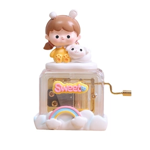 Boîte à musique à manivelle avec figurine de fille mignonne et coque en acrylique