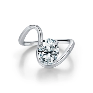 Elegant S925 sterling silver ring with oval sparkling gemstone in a wavy band design