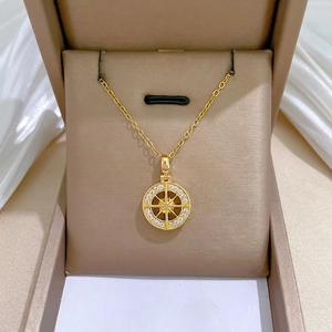 Compass Starburst Round Pendant Necklace Stainless Steel Chain With Zirconia Inlaid Copper Elegant Gold Tone Jewelry