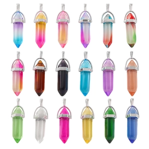 Set of 18 hexagonal natural crystal stone pendants with silver metal clasps on white background
