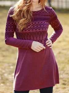 Ethnic print long sleeve dress in deep burgundy with vintage geometric floral pattern