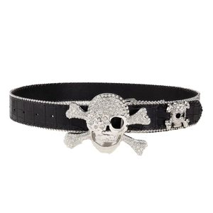 Black crocodile embossed leather punk belt with large rhinestone skull buckle on white background
