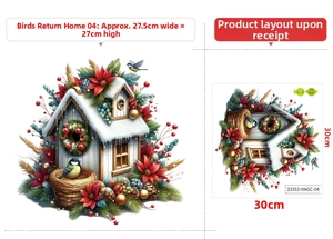 Detailed Christmas wall stickers featuring snow birdhouse, poinsettia and layout dimensions