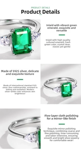 Close-up of S925 sterling silver ring with princess cut emerald and droplet zircons