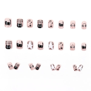 Faux ongles carrés roses à motif chat noir mignon avec étoiles et inscriptions Meow