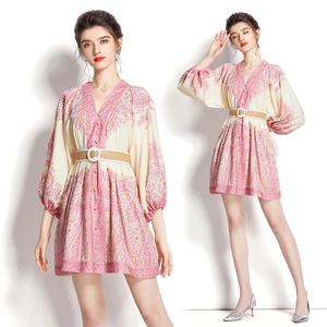Bohemian Paisley Printed Mini Dress Women V Neck Lantern Sleeve A-Line With Woven Belt Elegant Vacation Style