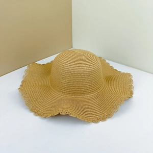 DIY wide-brim straw hat in khaki with elegant wavy lace trim for beach sun protection