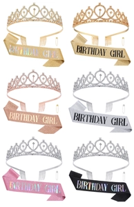 Collage of Birthday Girl sash and rhinestone crown sets in six vibrant color variations