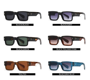 Grid layout showing six color options for square frame sunglasses with metal accents