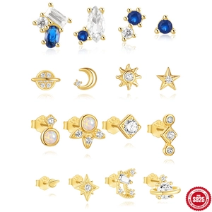 925 Sterling Silver Star Moon Saturn Stud Earrings Sparkling Rhinestone Artificial Opal Geometric Earrings Jewelry For Women