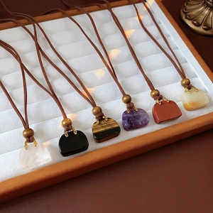 Mini gemstone handbag pendants on wood bead cords with tiger eye and amethyst