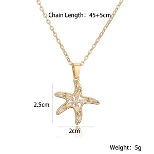 Detailed view of 18K gold plated starfish necklace with zircon inlay and size specs