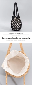 Detailed view of woven cotton beach bucket bag with white drawstring liner and mesh texture