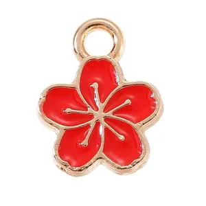 DIY red enamel five-petal flower charm pendant with gold-plated alloy for jewelry making