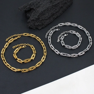 Minimalist titanium steel chain necklace and bracelet set in gold and silver finishes