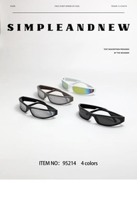Detailed display of four Y2K futuristic wrap-around sporty sunglasses in multiple colors