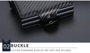 Close-up of the metal buckle closure on a carbon fiber texture wallet for men