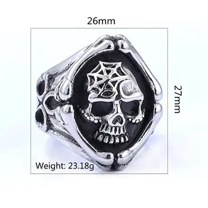 Men's punk gothic skull ring with spider web engraving in vintage silver stainless steel