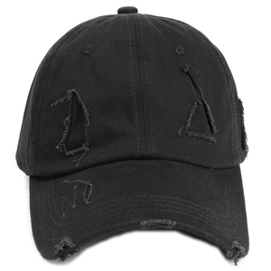 Distressed black cotton baseball cap with vintage frayed holes and a curved brim