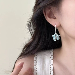 Sparkling zircon ginkgo leaf drop earrings with pale green enamel finish for women