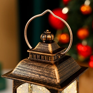 Close-up of vintage bronze Christmas lantern with metallic texture and festive bokeh