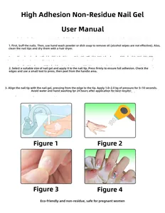 Instruction guide for extra strong nail adhesive tabs showing application steps and features