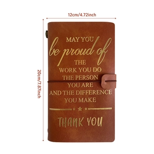 Brown A6 faux leather pocket journal with elastic closure and dimensions displayed