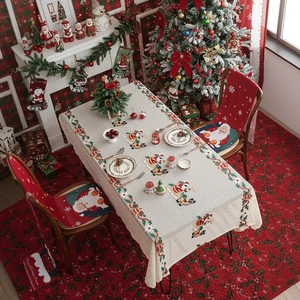 Christmas Tablecloth Polyester Lace Embroidery Santa Claus Reindeer Pattern Holiday Dinner Table Decoration Rectangular